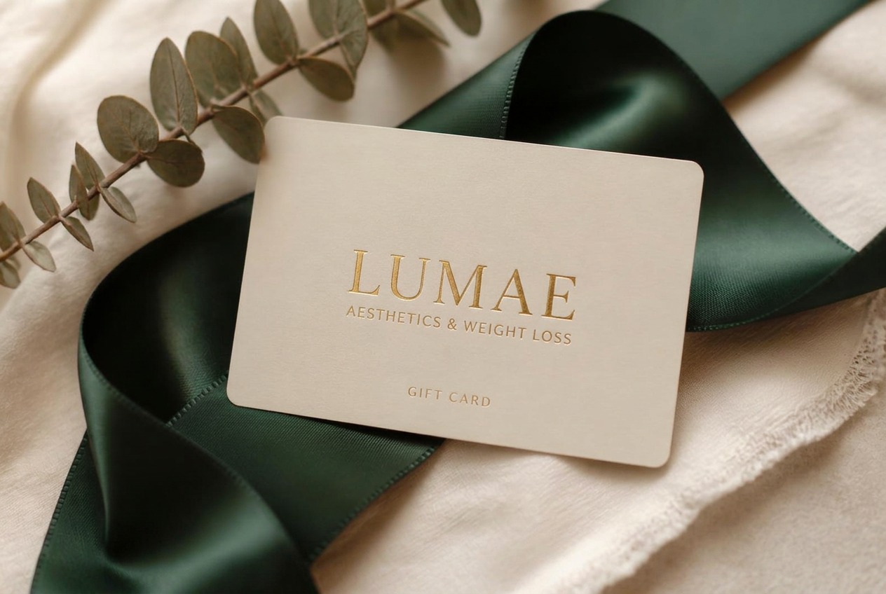 Cream and gold Lumae gift card resting on an emerald silk ribbon